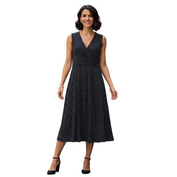 Evan-Picone Sz 14 Retro Polka Dot A-Line Dress Sleeveless Wrap Style Midi Work - Picture 1 of 9